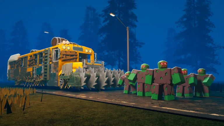 Official Last Stop artwork with an armored bus and zombies on a forest road.
