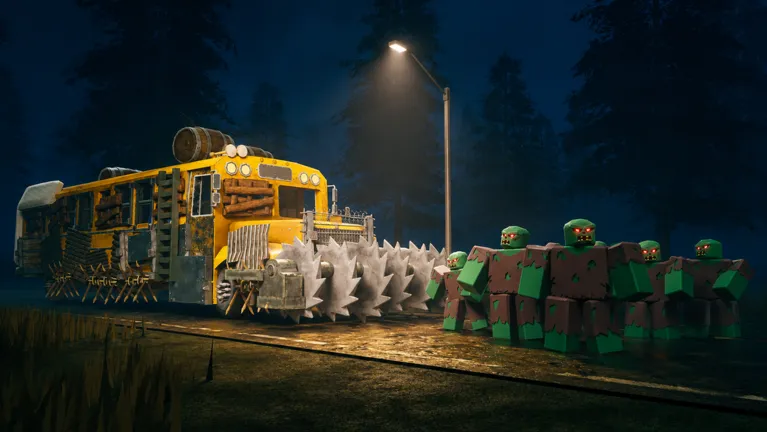 An armored yellow bus faces Roblox zombies on a forest road at night in official Last Stop artwork.